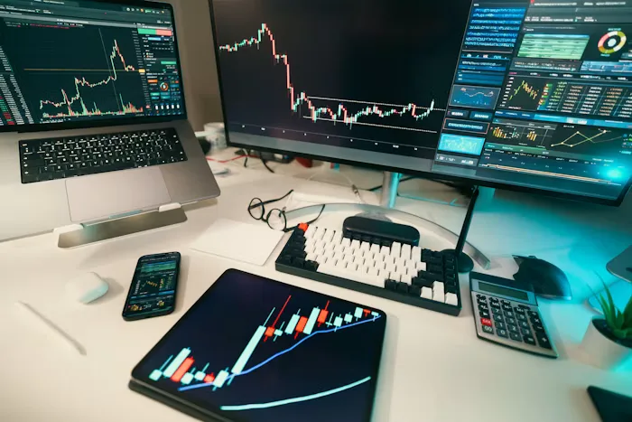 Candlestick charts displayed across multiple screens in a market analysis workspace